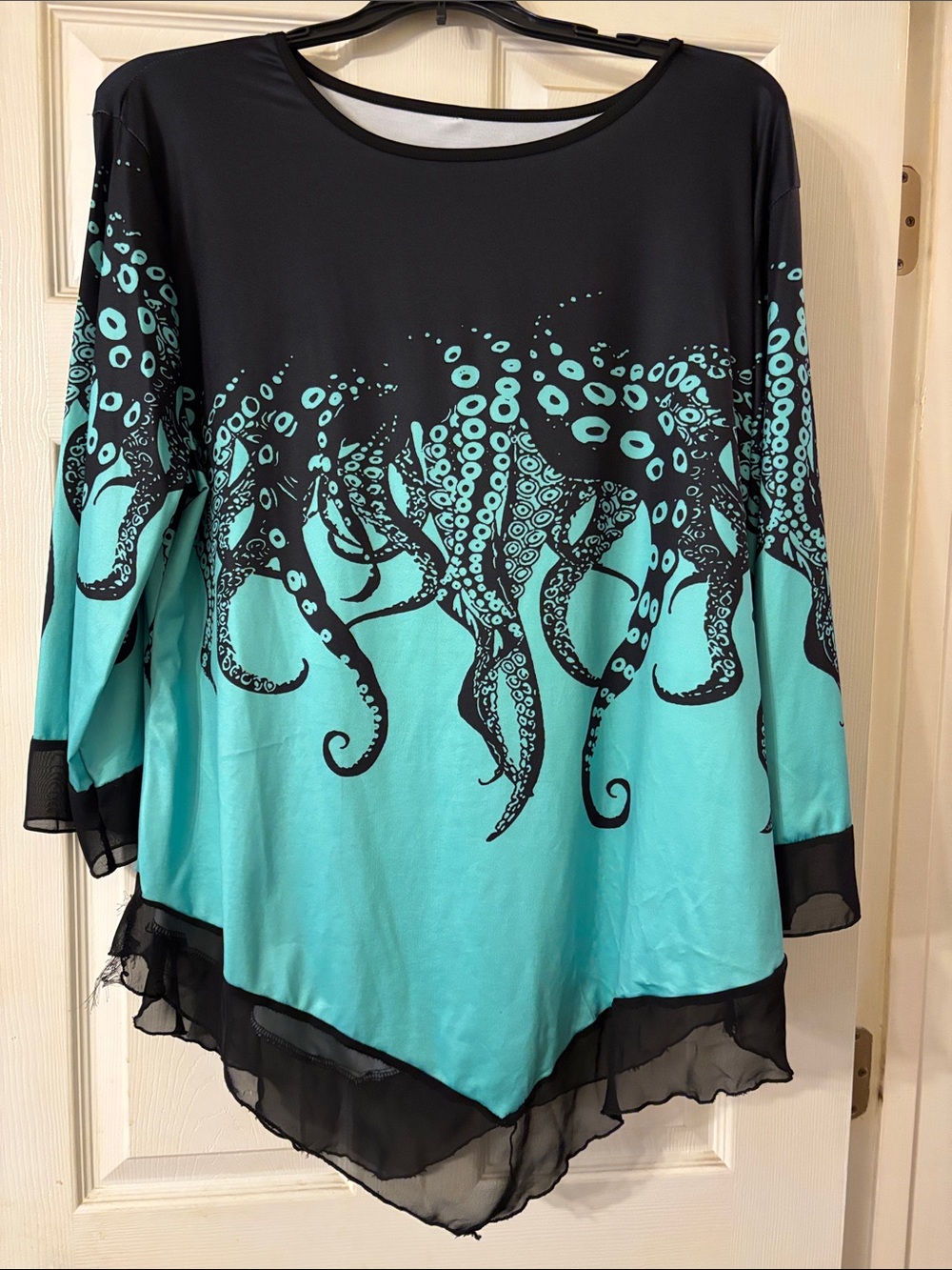 Aqua & Black Octopus Print Angel Hem Top